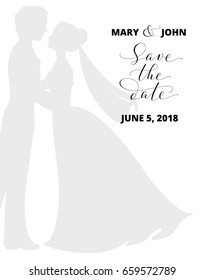 Save the date card with bride and groom silhouettes and hand written custom calligraphy. Wedding invitation template. 