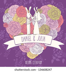 Save the date card. Bright wedding invitation in violet colors. Cute funny rabbits on stylish heart made of flowers in vector