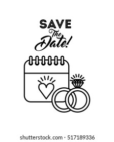 save the date card with calendar and rings icons over white background. vector illustration