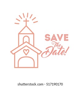 save the date card with church icon over white background. colorful design. vector illustration