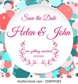 Save the date card with circle banner on the background of flying circles. Stock vector.