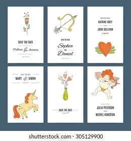 Save the date card collection with hand-drawn romantic elements like amour, unicorn, bows and arrows and flowers. Vector bridal design. 