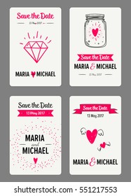 Save the date card collection with hand-drawn romantic elements. Vector bridal design.