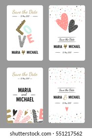 Save the date card collection with hand-drawn romantic elements, hearts, confetti and letters. Vector bridal design.