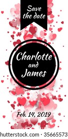 Save the date card cover design with hearts and snowflakes. Stock vector.