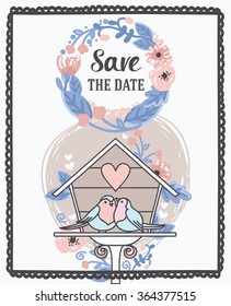 Save the date card with cute birds couple, vector illustration