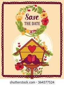 Save the date card with cute birds couple, vector illustration