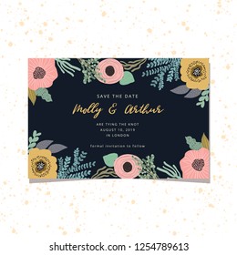 save the date card with cute floral frame and dark background