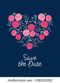 Save the date card. Cute postcard with heart of hand drawn flowers. Template for greeting cards, invitation, wedding, party, Valentine's Day, Mother's Day, birthday. Vector.