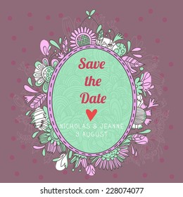 Save the date card. Cute wedding invitation in vector with romantic elements and  place for your text 