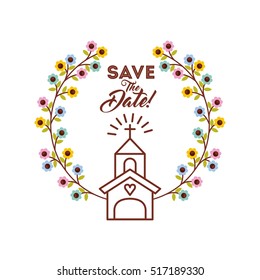 save the date card with decorative wreath of flowers and church icon inside over white background. colorful design. vector illustration