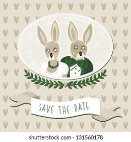 save the date card with delicate grunge oval portrait of rabbit bride and groom on light beige background with brown hearts