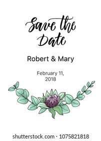 Save the date card design with calligraphy and hand drawn dahlia flower.