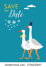 Save the date card design. Couple of cute white gooses. 