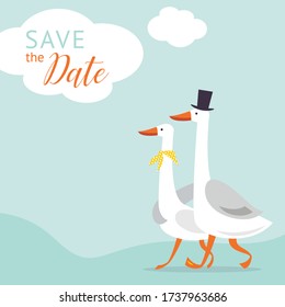 Save the date card design. Couple of cute white gooses. 