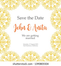 Save the date card design. Gold mandala style flower frame. Vector
