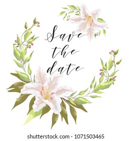 Save the date card design. Wedding concept template invite card with wreath of light pink lily, eucalyptus branch, greenery. Romantic invitation. Foliage in rustic boho style.