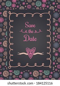 Save the Date card. Doilies pattern, laces, sketchy lines, chalkboard style.