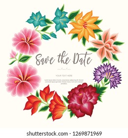 Save the Date Card, Embroidery Style from Oaxaca, Mexico - Floral Composition – Copy Space