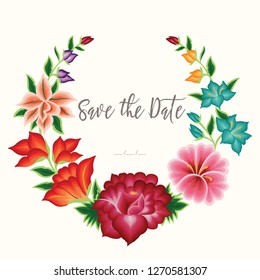 Save the Date Card. Embroidery Style from Oaxaca, Mexico - Floral Composition – Copy Space