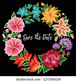 Save The Date Card. Embroidery Style from Oaxaca, Mexico - Floral Composition – Copy Space