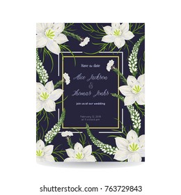 Save the date card with eucharis lily, snapdragons and rice flowers. Holiday floral design for wedding invitation. Vintage hand drawn vector illustration in watercolor style