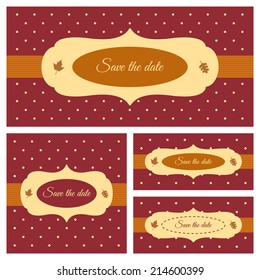 Save the date card for a fall season. Autumn collection. Vintage frame with leaves on a polka dot background.