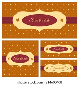 Save the date card for a fall season. Autumn collection. Vintage frame with leaves on a polka dot background.