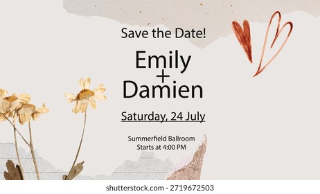 Guardar La tarjeta de fecha con diseño floral. Invitación de Boda presenta nombres Emily y Damien. Elegante tema floral, perfecto para invitaciones de boda. Invitación de Boda Plantilla botánica, diseño estético VE