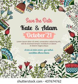 Save the date card. Floral doodle template with flowers and herbs for wedding invitation. Vector illustration