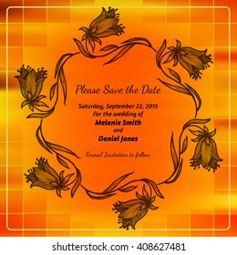 Save the date card with floral frame. Vector illustration.
