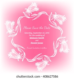 Save the date card with floral frame. Vector illustration.