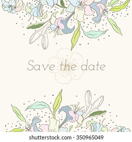 Save the date card. Floral hand drawn ornament. Spring or summer design for invitation, wedding or greeting card.