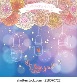 Save the date card. Floral wedding invitation on stylish background with bokeh effect. Stylish romantic background in bright colors for romantic designs in vector