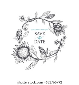 Save the Date card with a floral wreath of protea. Wedding design element.