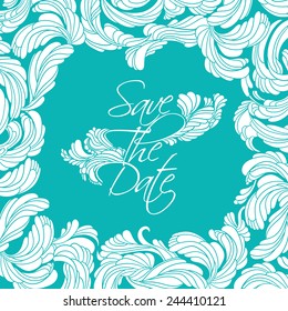 "Save The Date" card. Flourish white frame and text in the middle, decorated with feathers and tassels vintage style.
