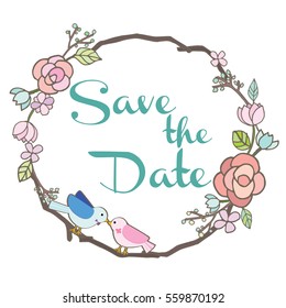 save the date card with flower and love birds