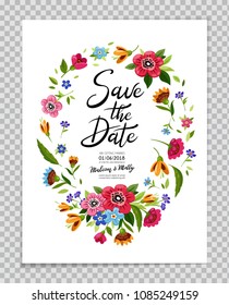 Save the Date card with flower wreath and calligraphy Save the Date. Wedding invitation with lettering in flower frame. Are getting married.
