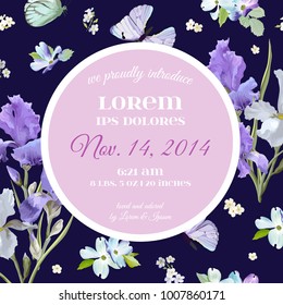 Save the Date Card with Flowers and Butterflies. Floral Wedding Invitation Template. Botanical Design for Greeting Cards. Vector illustration