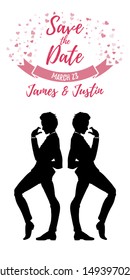 Save the date card, gay wedding, two man in classic suits in love, vector illustration