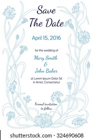 Save The Date card. Gentle template with hand drawn blue cornflowers frame on white background. Can be used for wedding invitation, save the date, etc.