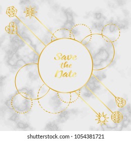 Save the Date card with gold frame with geometric elements on white marble background. Fashion greeting invite, cover, poster. Luxury template with text place.