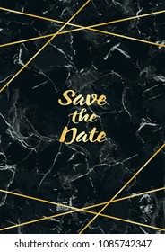 Save the Date card with gold geometric frame on black marble. Luxury A4 template with text place for invite, greeting, birthday card and covers.