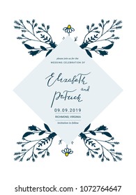 Save the Date card with hand drawn flowers. Floral wedding invitation. 