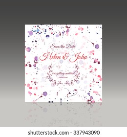 Save the date card with hand drawn watercolor background with stains and splashes. Can be used for wedding invitation, baby shower, anniversary etc. Stock vector.