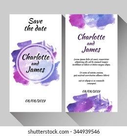 Save the date card with hand drawn watercolor background, front and back cover design. Stock vector.