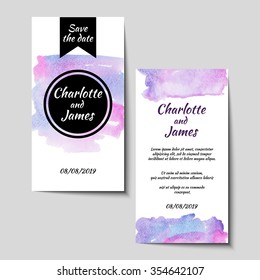 Save the date card with hand drawn watercolor background, front and back cover design. Stock vector.