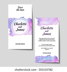 Save the date card with hand drawn watercolor background, front and back cover design. Stock vector.