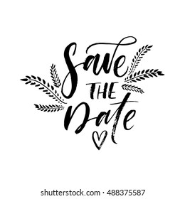 Save the date card. Hand drawn wedding lettering. Botanical elements.  Ink illustration. Modern brush calligraphy. Isolated on white background. 