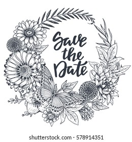 Save the date card with hand drawn flowers, leaves, branches and butterfly in sketch style. Black and white vector illustration